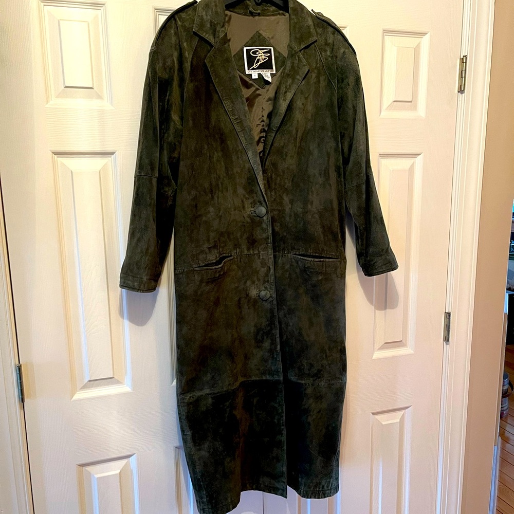 Suede Long Trench Coat - Olive Green
